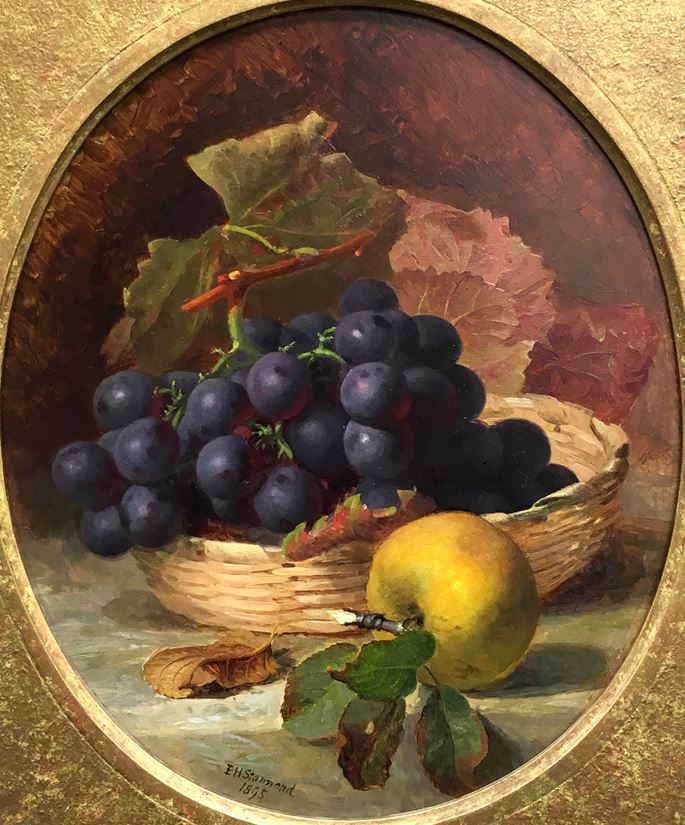 Eloise Harriet Stannard - A basket of black grapes and an apple; Raspberries and peaches on a table | MasterArt